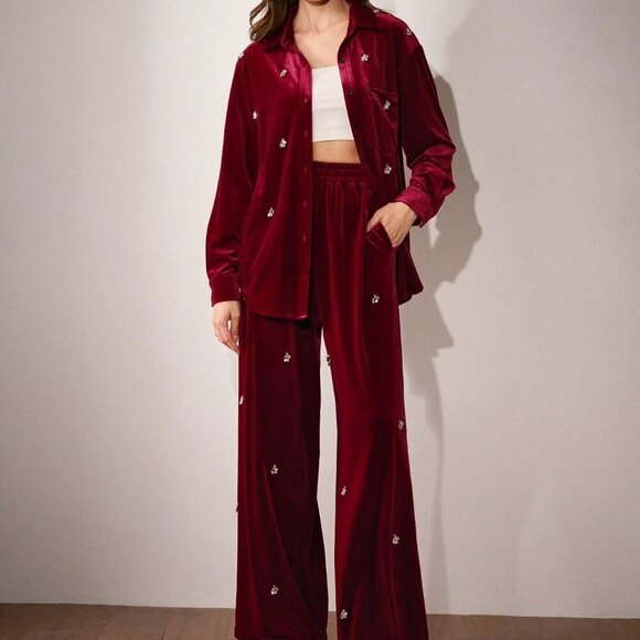 Burgundy Elegant Women's Velvet Button down top and Pant Suit set - Picture 6 of 7